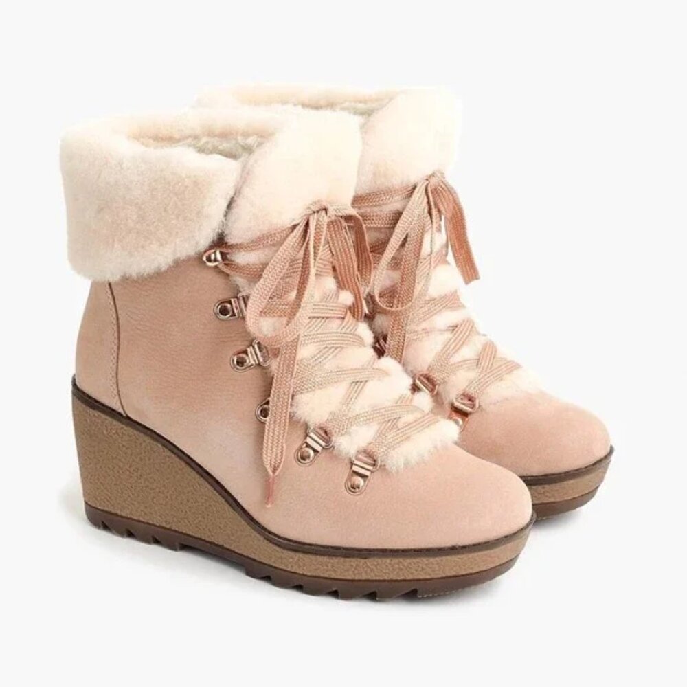J.CREW Nordic Wedge Boots Womens 10 Beige Pink Suede Shearling Ankle Lace Up‎